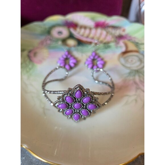Native American-Style Silver & Purple Cuff Bracelet & Earrings Set New - Picture 2 of 7